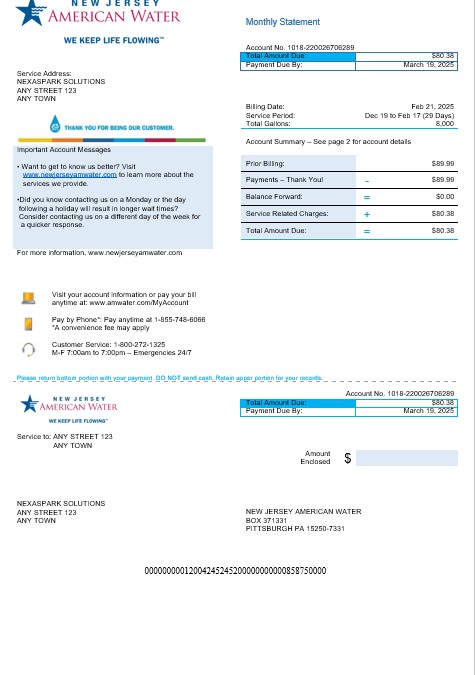 USA New Jersey American water business utility bill Word and PDF template PSD template